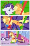 absurd_res applejack_(mlp) blonde_hair blue_eyes bound comic digital_media_(artwork) duo earth_pony equid equine female feral friendship_is_magic green_eyes gutovi-kun hair hasbro hi_res horn horse mammal my_little_pony mythological_creature mythological_equine mythology pony purple_hair rarity_(mlp) unicorn