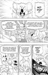 2017 anthro black_and_white clothed clothing comic cookie_(furryfight_chronicles) daigaijin dialogue english_text female furryfight_chronicles hi_res koala lagomorph leporid male mammal manugo marsupial monochrome muko rabbit rodent sciurid shirt speech_bubble sweater tank_top text topwear tree_squirrel vombatiform