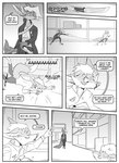 4_ears absurd_res anthro blood bodily_fluids canid canine clothed clothing comic dialogue duo english_text falling_over female fox gun hi_res hybrid inner_ear_fluff inside kif_yppreah kifyun2 knife male mammal mia_smith monochrome multi_ear ranged_weapon screaming simple_background speech_bubble text throwing_knife tuft warehouse weapon