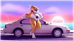 3d_(artwork) anthro areola bandai_namco barefoot big_breasts blue_eyes breasts car casual_exposure casual_nudity cloud concrete digimon digimon_(species) digital_media_(artwork) feet female fluffy fluffy_tail hand_on_hip hi_res huge_breasts neck_tuft nipples nissan nissan_maxima not_person420 nude paintover pavement renamon road sea solo sunset tail thick_thighs tuft vehicle water