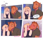 4_panel_comic anthro blonde_hair blush blush_lines border boyfriends brown_body brown_fur bunny_boyfriend canid canine canis chin_tuft clothing collar dialogue dog_boyfriend domestic_dog duo english_text eyes_closed facial_tuft floppy_ears fur hair half-closed_eyes heart_symbol heresvix hi_res jacket kissing lagomorph leporid male mammal narrowed_eyes rabbit romantic simple_background speech_bubble text topwear tuft white_body white_border white_fur