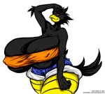 2010 anthro avian beak big_breasts bird black_body black_feathers bottomwear breasts busty_bird clothing corvid corvus_(genus) crow deonwolf digital_media_(artwork) feathers female huge_breasts hyper hyper_breasts nipple_outline non-mammal_breasts orange_eyes oscine passerine shorts simple_background solo thick_thighs topwear white_background yellow_beak