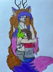 adult_(lore) animal_ears anthro antlers between_breasts big_breasts bottomwear bracelet breasts canon_couple clothing colored_nails crop_top duo dylanaildon_no_2 eyes_closed eyewear female fluffy fluffy_tail forest_spirit freckled_face freckles glasses hair head_on_breast hi_res horn hug human humanoid inner_ear_fluff jewelry larger_female long_hair male male/female mammal multicolored_clothing multicolored_shirt multicolored_topwear nails necklace ochre_hair pants pink_hair purple_hair romantic romantic_couple shirt simple_background size_difference smaller_male smile sweatpants tail tail_hug tirisk_(dylanaildon_no_2) toby_(dylanaildon_no_2) topwear traditional_media_(artwork) tuft