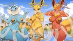 2023 7:4 absurd_res anthro belly_dancer big_breasts blue_body blue_tail breasts burgerkiss camel_toe canid canine chain clothing conditional_dnp desert digital_media_(artwork) eeveelution english_text female flareon generation_1_pokemon generation_4_pokemon glaceon gold_(metal) gold_chain gold_jewelry group harem harem_jewelry harem_outfit hat headgear headwear heart_eyes heart_symbol hi_res holding_breast jewelry jolteon leafeon looking_at_viewer lucario mammal nintendo nipple_caps oasis one_eye_closed open_mouth outside palm_tree partially_submerged partially_visible_vulva pasties plant pokemon pokemon_(species) red_body silk_clothing sky smile tail text thick_thighs thong tree underwear vaporeon veil wide_hipped_anthro wide_hipped_female wide_hips yellow_body