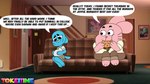 16:9 anthro cartoon_network dialogue domestic_cat english_text felid feline felis female furniture hi_res inside lagomorph leporid male mammal nicole_watterson pregnant rabbit richard_watterson sofa text the_amazing_world_of_gumball tokeitime widescreen