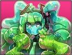 absurd_res ahoge electronics female goo_creature goo_humanoid green_body green_eyes hair hair_grab hatsune_miku headphones heart_eyes heart_symbol hi_res humanoid morbidlycutecrunch necktie solo touching_hair twintails_(hairstyle) vocaloid