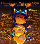 absurd_res after_vore animal_crossing ankha_(animal_crossing) anthro anthro_pred areola areola_slip armor bandage bangs belly belly_slap belly_squeeze big_breasts bloated blue_eyes blue_hair blunt_bangs blush bob_cut bodily_noises bracers breasts bulging_breasts burping clothed clothing container cruelty cup curved_text derived_sound_effect dialogue dialogue_with_sound_effects different_sound_effects digestion digital_media_(artwork) dirty_talk domestic_cat dominant dominant_female drinking_glass egyptian english_text extended_sound_effect felid feline felis female female_pred female_prey glass glass_container glass_cup glurgle glut hair heart_symbol hearts_around_body hearts_around_entire_body hi_res highlighted_text holding_belly ineffective_clothing interrupted_by_reaction interrupted_speech looking_at_viewer looking_down mammal markings navel nintendo nipples onomatopoeia potbelly rumbling_stomach short_stack skimpy slap slapping_own_belly slapping_self slosh sloshing_belly smile smug sneer solo sound_effect_variant sound_effects straight_bangs striped_markings striped_tail stripes tail tail_markings talking_to_viewer taunting teasing teasing_viewer text text_emphasis theboogie thick_thighs uraeus vore wine_glass yellow_areola yellow_body yellow_nipples