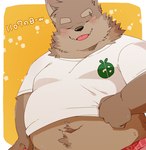 2024 anthro belly blush canid canine canis clothing domestic_dog eyes_closed green_bell hi_res kemono male mammal navel overweight overweight_male shirt simple_background solo tongue tongue_out topwear