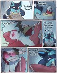 absurd_res animal_genitalia animal_penis anthro big_penis biped blue_body blue_fur bodily_fluids canid canine canine_genitalia canine_penis comic cum dialogue duo english_text erection fur generation_4_pokemon generation_7_pokemon genital_fluids genitals hi_res knot lucario lycanroc male mammal midnight_lycanroc nintendo penis pokemon pokemon_(species) red_body red_eyes red_fur spicykiwi taren_(spicykiwi) text unstoppable_orgasm white_body white_fur