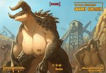 2024 2_horns 4_fingers absurd_res anthro areola artist_name bethesda_game_studios biceps big_breasts breasts brown_areola brown_body brown_scales brown_tail claws construction_equipment construction_site curvy_figure deathclaw desert detailed_background empty_eyes english_text fallout female fingers forked_tongue group hi_res horn hud huge_breasts huge_hips huge_thighs looking_at_viewer looking_away microsoft multicolored_body multicolored_scales painted_background reptile scales scalie spikes spikes_(anatomy) tail text thick_thighs tongue tongue_out trio tucolewds two_tone_body two_tone_scales voluptuous voluptuous_anthro voluptuous_female wide_hips