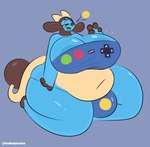 anthro areola areola_slip belli_(swallowpancakes) belly big_belly big_breasts big_bulge bloated blue_body bottomwear bovid bovine breasts bulge clothed clothing curvy_anthro curvy_figure curvy_gynomorph curvy_intersex exposed_belly eyelashes game_controller_shirt generation_2_pokemon gynomorph hooves horn huge_bulge hyper hyper_bulge intersex long_tail mammal miltank navel nintendo one_eye_closed open_mouth overweight overweight_anthro overweight_gynomorph overweight_intersex pokemon pokemon_(species) simple_background sitting solo swallowpancakes tail thick_thighs topwear voluptuous voluptuous_anthro voluptuous_gynomorph voluptuous_intersex wide_hipped_gynomorph wide_hipped_intersex wide_hips wink