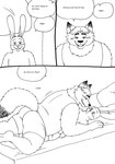 2023 anthro bed belly bernielover blush butt canid canine clothing comic dialogue disney duo english_text eye_contact fan_character fox furniture gideon_grey hi_res humanoid_hands lagomorph leporid looking_at_another lying lying_on_top male male/male mammal monochrome nate_hopps overweight overweight_male rabbit red_fox shirt teasing text topwear true_fox underwear zootopia