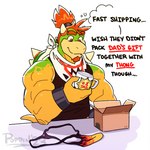 1:1 2023 aged_up anthro bowser_jr. box bracelet clothing colored comic conditional_dnp container countershade_torso countershading cup english_text facial_hair father's_day goatee green_body green_scales hair hi_res holding_object holidays horn jewelry kerchief koopa male mario_bros mug muscular muscular_anthro muscular_male neckerchief neckwear nintendo orange_body orange_scales poppin red_eyes red_hair scales scalie shell shirt simple_background snaggle_tooth spiked_shell spikes spikes_(anatomy) tank_top text thong thought_bubble topwear torn_clothing underwear white_background