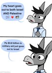 2021 anthro asinus clothed clothing comic currency_amount currency_symbol democrat democrat_donkey dialogue digital_drawing_(artwork) digital_media_(artwork) dollar_sign don_kennedy donkey emoji english_text equid equine flag flag_(shape) flag_design flat_colors hair happyroadkill heart_symbol hi_res humor israel israeli-palestinian_conflict israeli_flag location_in_dialogue lol_comments male mammal necktie number palestine palestinian_flag political_cartoon politics shirt simple_background solo speech_bubble stated_currency_amount symbol text topwear united_states_of_america white_background