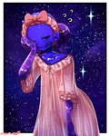 absurd_res accessory border clothed clothing female flat_chested goo_creature goo_humanoid hair_accessory hair_ribbon half-closed_eyes hi_res humanoid morbidlycutecrunch narrowed_eyes pink_clothing purple_body ribbons shizu_(morbidlycutecrunch) solo space standing star tired white_border