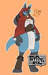 2022 anthro blue_body cape clothing english_text female generation_4_pokemon hi_res hoodie legwear lucario nintendo orange_background pokemon pokemon_(species) purple_eyes red_clothing red_hoodie red_topwear simple_background solo spikes spikes_(anatomy) tail tattoorexy text topwear