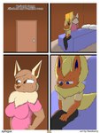 3:4 absurd_res anthro big_breasts blonde_hair bodily_fluids breasts brown_body brown_eyes canid canine clothed clothing comic digital_drawing_(artwork) digital_media_(artwork) duo eevee eeveelution elizabeth_venizee english_text female flamberry_(artist) flareon franklin_flare fur generation_1_pokemon hair hi_res ibispaint_(artwork) male male/female mammal nintendo pokemon pokemon_(species) simple_background sweat tail text worried