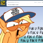 1:1 angry applejack_(mlp) ask_jappleack blonde_hair clothing dialogue earth_pony english_text equid equine female feral friendship_is_magic green_eyes hair hasbro hat headgear headwear horse hotdiggedydemon looking_at_viewer mammal my_little_pony outside pony profanity solo stated_heterosexuality stated_sexuality text tumblr