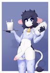 absurd_res anthro blue_eyes blue_hair bodily_fluids bovid bovine cattle clothed clothed/nude clothing cowbell crossdressing cum femboy fur genital_fluids hair hi_res legwear male mammal max_draws nude oreo_(max_draws) panties sleeves smile solo spots stockings underwear white_body white_fur