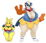 3_fingers absurd_res anthro big_breasts blue_eyes bottomwear breasts clothing collar duo eyes_closed female fingers footwear generation_3_pokemon hariyama hi_res huge_breasts makuhita nintendo pokeball pokemon pokemon_(species) shirt shorts simple_background skirt topwear urusee584 white_background white_body yellow_body