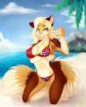 2016 anthro beach big_breasts bikini biped blonde_hair blue_eyes bottle bra breasts brown_body brown_fur canid canine canis chloe-dog clothed clothing cloud container day detailed_background digital_media_(artwork) domestic_dog ear_piercing ear_ring female flag flag_bikini fox fur german_shepherd gradie green_eyes hair half-closed_eyes herding_dog heterochromia hi_res hybrid kneeling long_hair mammal narrowed_eyes norwegian_flag norwegian_flag_bikini open_mouth outside pastoral_dog piercing pink_nose plant ring_piercing rock sand seaside shaded skimpy sky smile solo sunscreen swimwear tongue tongue_out tongue_piercing tree two-piece_swimsuit underwear water