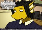 anthro black_hair clothed clothing comic dialogue dragon english_text hair inside male mythological_creature mythological_scalie mythology naughtymorg scales scalie shirt stuart_(naughtymorg) text topwear url yellow_body yellow_scales