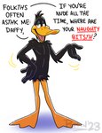 2023 anatid anseriform anthro avian beak bird black_body black_feathers conditional_dnp daffy_duck dialogue duck english_text feathers featureless_crotch front_view hi_res lisp looney_tunes male nude open_mouth poppin signature simple_background solo standing talking_to_viewer text warner_brothers white_background yellow_beak