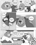 4:5 age_difference annoyed anthro ardent_(misterstallion) bear calvin_(misterstallion) canid canine canis clothed clothing comic dialogue electronics english_text eyebrows father_(lore) father_and_child_(lore) father_and_son_(lore) fur greeting greyscale group hi_res holding_object holding_phone inside kitchen male mammal misterstallion monochrome older_male open_mouth open_smile parent_(lore) parent_and_child_(lore) parent_and_son_(lore) patreon patreon_logo phone shirt sid_(misterstallion) smile son_(lore) speech_bubble t-shirt teeth text topwear trio url wolf yelling younger_male