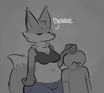 2022 anthro belly biped bonk_(meme) bonk_(sound_effect) bra breasts canid canine cleavage clothed clothing digital_media_(artwork) duo english_text eyes_closed female fox grey_background human larger_anthro larger_female low_detail_friend_(zzx) male mammal medium_breasts navel onomatopoeia punch simple_background size_difference slightly_chubby slightly_chubby_anthro slightly_chubby_female smaller_human smaller_male sound_effects text tongue tongue_out trisha_fox_(zzx) underwear zzx