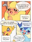 blush blush_lines bodily_fluids comic dialogue eeveelution english_text female feral flareon generation_1_pokemon group heart_symbol hi_res jolteon kitchen_utensils looking_at_viewer nintendo okazu open_mouth pokemon pokemon_(species) sibling_(lore) sister_(lore) sweat sweatdrop text tools trio vaporeon watermark