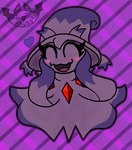 2021 anthro apollysabyss blush blush_lines breasts clothing dated eyelashes eyes_closed fangs female generation_4_pokemon ghost gloves_(marking) grey_body grey_clothing grey_hair hair happy markings mismagius multicolored_body nintendo open_mouth open_smile pokemon pokemon_(species) purple_body purple_clothing purple_hair red_body red_clothing signature smile solo spirit teeth tongue two_tone_body