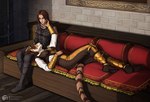 anthro armor bethesda_game_studios clothing duo felid female footwear furniture hair hi_res human khajiit laying_on_lap lying_on_sofa mammal microsoft on_sofa pantherine shoes skyrim sofa tail techiesxc the_elder_scrolls tiger wall_(structure)