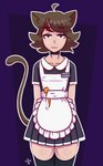 animal_humanoid apron bottomwear brown_hair cat_humanoid cat_tail catlad clothed clothing crossdressing deadpan dress emotionless expressionless felid felid_humanoid feline feline_humanoid femboy furgonomics hair hands_behind_back hi_res humanoid legwear maid_uniform male mammal mammal_humanoid name_tag niko_(catlad) skirt solo squirmle tail tail_through_skirt thigh_highs uniform yellow_eyes