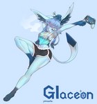 absurd_res anthro arms_stretched barefoot blue_body blue_clothing blue_eyes blue_hair bottomwear clothing controller crop_top dolphin_shorts eeveelution feet female game_controller generation_4_pokemon glaceon hair hands_behind_head hi_res inner_ear_fluff multicolored_hair navel nintendo noruru3737 one_eye_closed open_mouth pokemon pokemon_(species) shirt shorts simple_background solo stretching topwear translucent translucent_clothing tuft two_tone_hair yawn