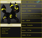 2016 3_toes black_body black_fur black_nose character_name colored digital_media_(artwork) eeveelution english_text fan_character feet feral fur fur_markings gender_symbol generation_2_pokemon half-closed_eyes hi_res johnny_(looweezah) kerchief looweezah maktub_fanclub male markings model_sheet moveset narrowed_eyes nintendo orange_eyes pokemon pokemon_(species) purple_kerchief quadruped raised_leg shaded simple_shading solo standing stated_adult stated_age stated_height stated_weight symbol text toes umbreon yellow_markings