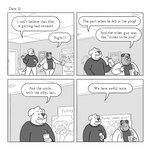 1:1 2023 anthro bottomwear canid canine canis clothing comic detailed_background dialogue domestic_dog dot_eyes duo english_text eyes_closed hi_res humanoid_hands inside lukehealy male mammal overweight overweight_male pants shirt text topwear