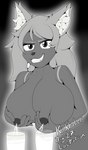 2023 anthro big_breasts black_and_white bodily_fluids breast_milking breasts canid canine clothed clothing exposed_breasts female fox foxkai hi_res holding_breast inktober inner_ear_fluff kinktober lactating looking_at_viewer mammal milk monochrome smile smiling_at_viewer smirk smirking_at_viewer solo terraria topless tuft werecanid werecanine werecreature werefox zoologist_(terraria)