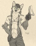 absurd_res animal_genitalia anthro canid canine clothing genitals green_eyes hi_res inner_ear_fluff male mammal monochrome necktie pilot pilot_hat pilot_uniform richard_foley sepia sheath tuft undressing