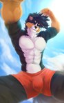 2024 abs anthro bernese_mountain_dog biped bulge canid canine canis clothing cloud domestic_dog fur hi_res male male_anthro mammal molosser mountain_dog muscular muscular_anthro muscular_male nipples pecs simple_background sky smile solo sunnyowi swiss_mountain_dog tail tarnb