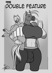 5_fingers anthro anthro_on_anthro balls_outline big_breasts breasts bulge clothed clothing comic detailed_bulge duo english_text equid equine fingers freckles_(artist) genital_outline gynomorph gynomorph/male herm_(lore) hooves horse intersex intersex/male intraspecies juniper_(freckles) larger_gynomorph larger_intersex male mammal monochrome sheath_outline size_difference smaller_male tail text