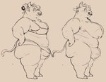 ambiguous_gender anthro big_breasts bottomwear bovid bovine bra breasts breasts_and_teats butt cattle clothed clothing cowcollar digital_media_(artwork) ear_piercing ear_ring facial_piercing female fur hair hair_bun hands_on_hips huge_breasts looking_at_viewer mammal mature_(disambiguation) mature_female nipple_piercing nipples nose_piercing nose_ring nude overweight overweight_anthro overweight_female panties piercing ring_piercing septum_piercing septum_ring simple_background sketch smile solo tail teats trans_(lore) udder_bra udders underwear