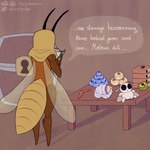 1:1 antennae_(anatomy) anthro arthropod arthropod_abdomen bandit_(bug_fables) bug_fables cricket furniture hi_res hood insect insect_wings male mightywheelchair moonsprout_games mothiva_(bug_fables) orthopterid plushie rear_view slightly_muscular solo speech_bubble table wings