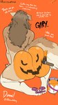 2024 9:16 anthro big_butt bodypaint brown_body brown_fur brown_hair brush butt butt_squish canid canine canis dialogue dimmi_(dimwitdog) domestic_dog english_text fakeryway female fur hair halloween hi_res holidays huge_butt kneeling long_hair mammal nude nude_anthro nude_female offscreen_character orange_background paint_bucket pawpads pink_pawpads presenting presenting_hindquarters pumpkin_butt rear_view simple_background solo squish tail text thick_thighs