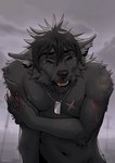 anthro blood bodily_fluids canid canine canis crying darkwolf_(darkwolfdemon) detailed_background digital_media_(artwork) dog_tags fingers fur hair hi_res jewelry kero_tzuki looking_at_viewer male mammal melee_weapon necklace open_mouth sad scar smile solo sword tears teeth tongue weapon wolf