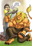 abs absurd_res anthro bandai_namco bear biceps bottomwear claws clothing digimon digimon_(species) duo english_text felid hi_res leomon lion male mammal mane muscular muscular_anthro muscular_male nipples pantherine pants pecs priapup scar tail text