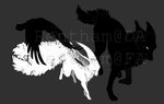 0ct0m0n0 alpha_channel ambiguous_gender avian big_ears big_tail canid chest_tuft eyes_closed feral flying group head_tuft mammal monochrome simple_background tail transparent_background trio tuft walking