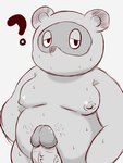 2024 animal_crossing anthro belly bodily_fluids canid canine erection genitals hi_res kemono male mammal moobs nintendo nipples overweight overweight_male penis question_mark raccoon_dog simple_background solo sweat tanuki tom_nook_(animal_crossing) tukiguma761