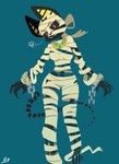 absurd_res anthro black_sclera bone broken_chain chain cool_colors cuff_(restraint) domestic_cat felid feline felis female gold_(metal) gold_jewelry gold_necklace hi_res hydrabb jewelry mammal mummy mummy_wrappings necklace restraints shackled_wrists shackles skeleton solo undead