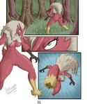 5:6 absurd_res anthro beak big_breasts big_butt blaziken breasts butt comic digital_media_(artwork) feathers female generation_3_pokemon genitals grass green_eyes hi_res kick nintendo nipples nude othoxon plant pokemon pokemon_(species) pussy red_body red_feathers semi-anthro solo tail tail_feathers tree