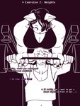 3:4 anthro asriel_dreemurr athletic athletic_female athletic_wear boss_monster_(undertale) bottomwear breasts catty_(undertale) cleavage clothed clothing comic dracozhilla duo english_text female femboy group hair hi_res humanoid humiliation lying male male/female mammal on_back pants skinny slightly_chubby text undertale undertale_(series) weights workout_clothing yoga_pants